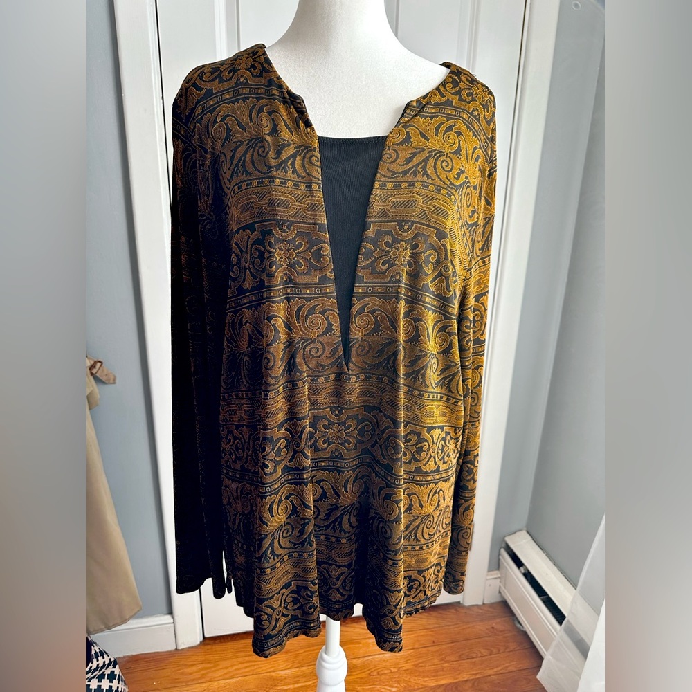Women’s Coldwater Creek Jacquard Gold/Black Print Tunic Style Top Sz Xl